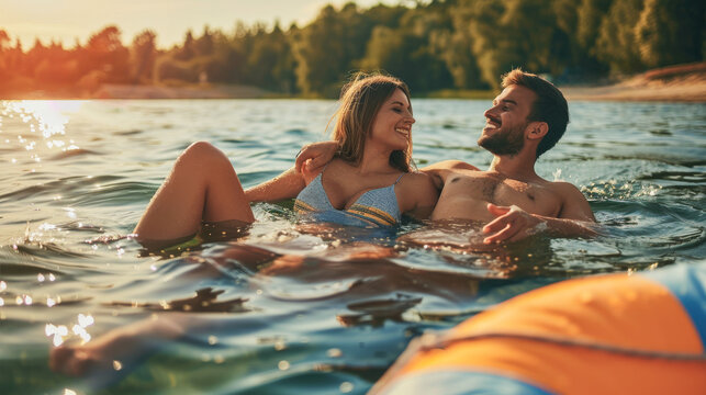 Happy couple having tender moment while swimming in lake water during summer vacation - Camping holidays - Models by AI generative