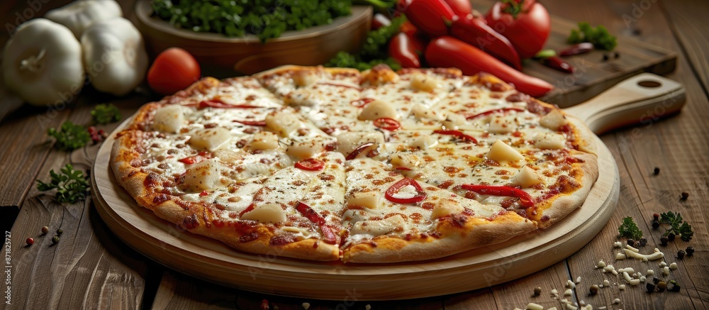 Poster Italian pizza with cheese and vegetables on a table, displayed in a mouthwatering copy space image.