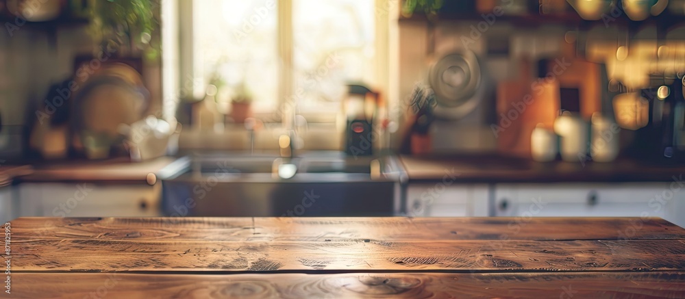 Poster blurry kitchen background with a tabletop featuring ample copy space image.