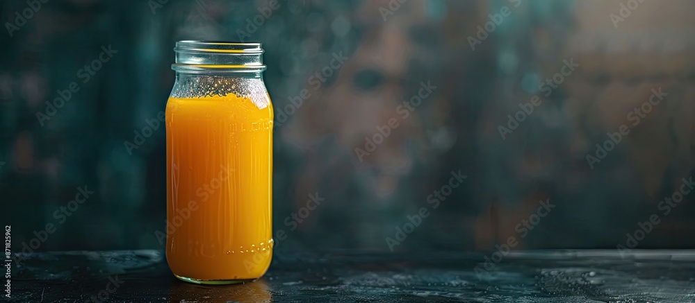 Poster Clear glass mason jar with a small amount of orange juice on a dark backdrop with space for additional images.
