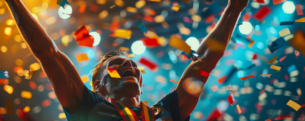 A victorious athlete holding a gold medal, with confetti raining down and a cheering crowd in the background. The image captures the thrill of winning.