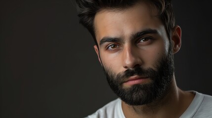Fototapeta premium A close-up portrait of a young man with brown hair and a beard, looking intently at the camera.