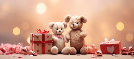 Holiday background with dolls and gifts, perfect for a happy day. Ideal for a copy space image.