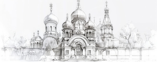 Obraz premium An architectural sketch of a traditional Russian orthodox church, with onion domes, ornate facades, and intricate iconography. The white background highlights the cultural and spiritual significance