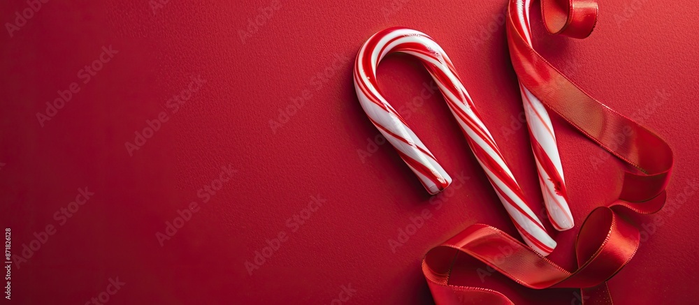 Poster Christmas theme with candy cane and red ribbon on red backdrop, arranged for a flat lay composition with copy space image.