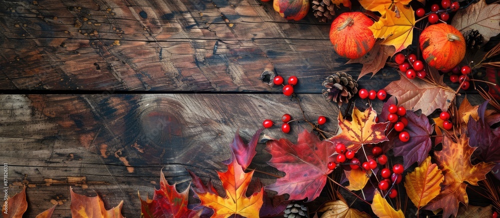Poster thanksgiving-themed autumn setting with fallen leaves, berries, and an old wooden table for a copy s
