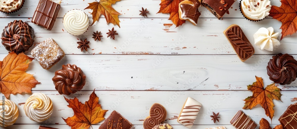 Poster Top view of an array of classic autumn sweets on a white wooden backdrop, forming a side border with room for text or images.