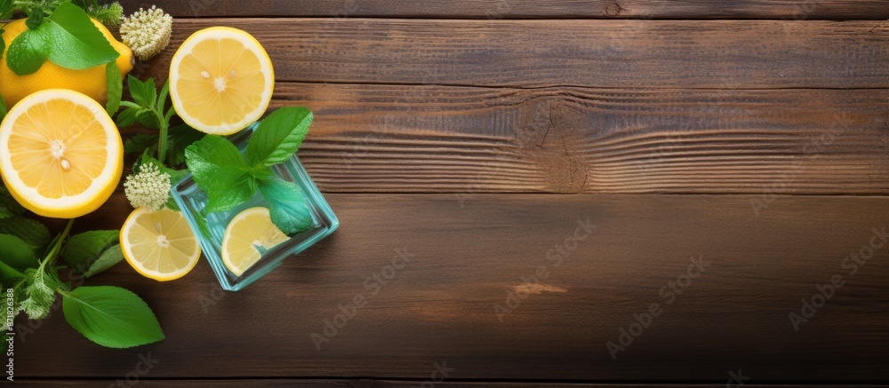 Aufkleber Wooden background hosts a glass of refreshing lemonade with mint leaves and lemons, creating a visually appealing copy space image.