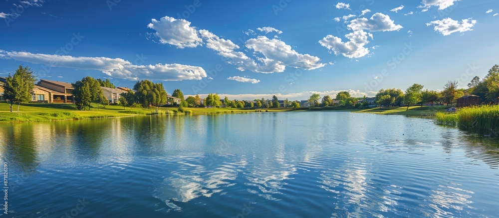 Poster a serene body of water in the suburban area provides a picturesque setting with ample copy space ima