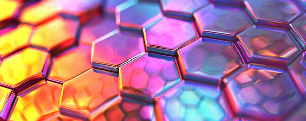 Abstract iridescent background design, 3d render, featuring a honeycomb pattern with an iridescent finish. The hexagonal cells reflect different colors, creating a vibrant and dynamic mosaic.