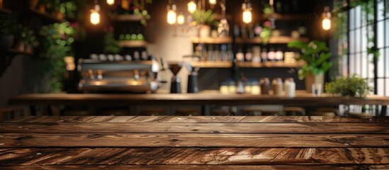 Obraz premium Blurred background of a coffee shop restaurant against a focused empty brown wooden table intended for product display or photomontage with copy space image.