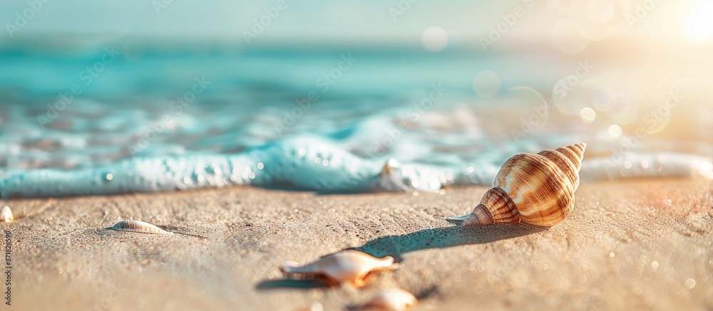 Aufkleber a seashell rests on a sandy beach with a summer background, providing a copy space image suitable fo