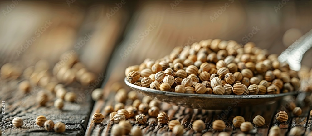 Aufkleber close-up view of dry coriander seeds in a spoon on a wooden background with selective focus, perfect