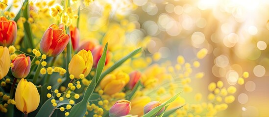 Yellow mimosa flowers complement the vibrant tulips in an Easter-themed nature setting with a lovely copy space image.