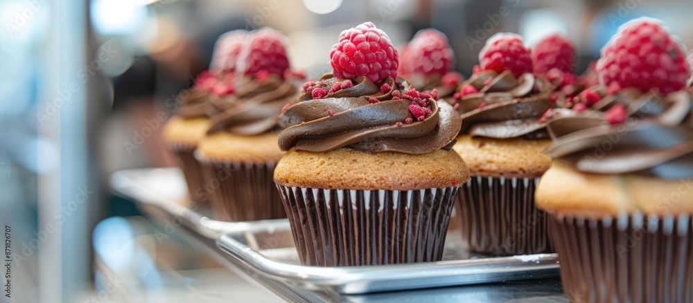 Aufkleber A delectable cupcake with chocolate frosting and raspberry topping displayed on a tray in a bakery, with a blank space for adding images.