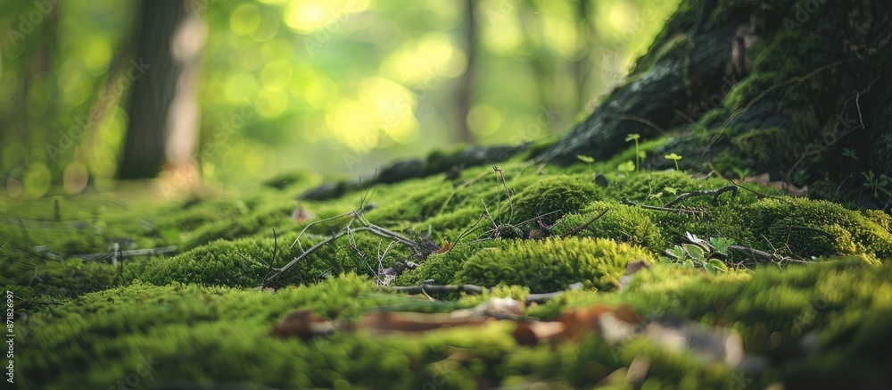 Poster Close up image showing moss and branches on a European forest ground, with copy space image.