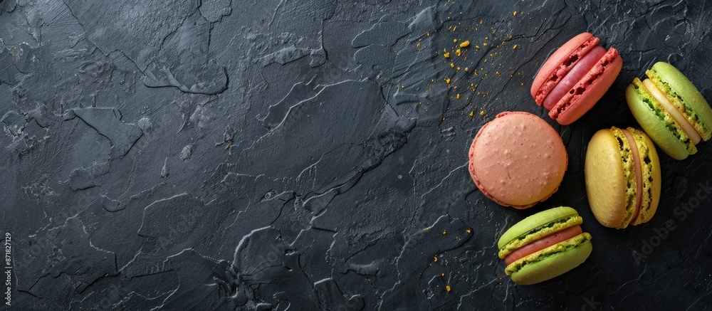 Fototapete Sweet macarons displayed on a textured black concrete surface viewed from above, featuring an empty area for text or other content within the image.