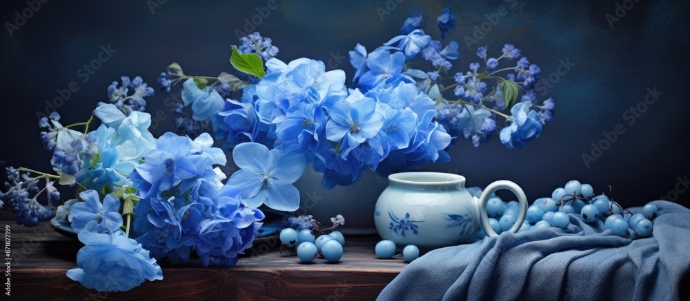 Aufkleber A beautiful display of blue flowers arranged on the table with a blank space for additional imagery in the picture.
