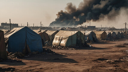 Refugees camp. Smog, air pollution, garbage and poverty, Ecologic catastrophe environment concept