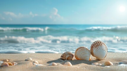A serene beach with seashells and ample space for text.