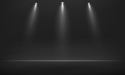 Obraz premium Empty black studio room background. Dark background. Space for selling products on the website. Empty room with spotlight effect. Vector illustration.