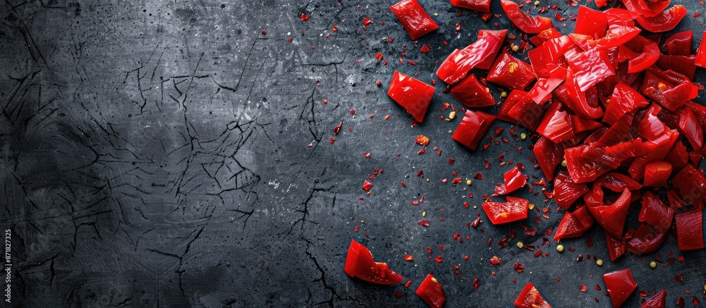 Aufkleber close-up of red pepper pieces on a dark backdrop, with empty space for additional images.