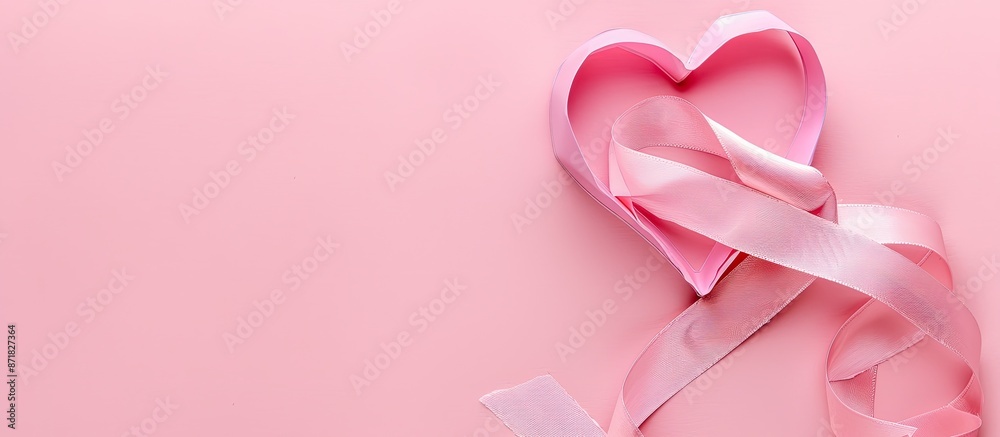 Poster valentine's day card with a pink heart ribbon on a pink paper backdrop with a copy space image.