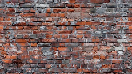 Obraz premium Vintage red brick wall with wide rough grunge texture for design featuring panoramic view and large space for copy