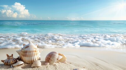 A serene beach with seashells and ample space for text.