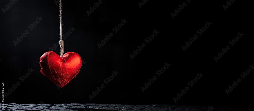 Aufkleber red heart hanging on a string against a crumpled black backdrop, depicting a love relationship conce