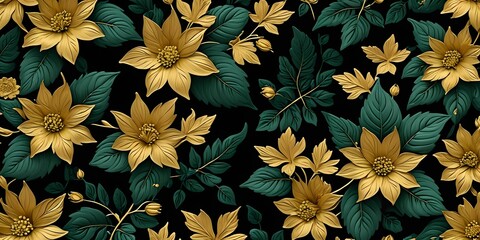 Wallpaper representing a floral decor with gold-colored flowers and green leaves. The whole in relief.