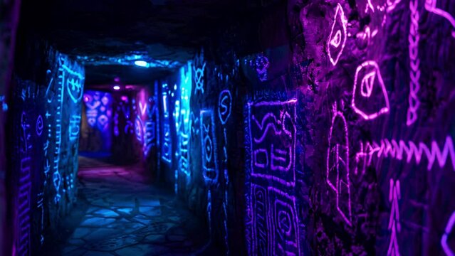 A dimly lit tunnel adorned with vibrant neon graffiti under ultraviolet light