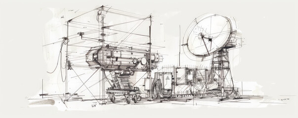Obraz premium A technical sketch of a ground radar system, showcasing its antenna array, control unit, and power supply. The white background highlights the radar's precision and technological advancements.