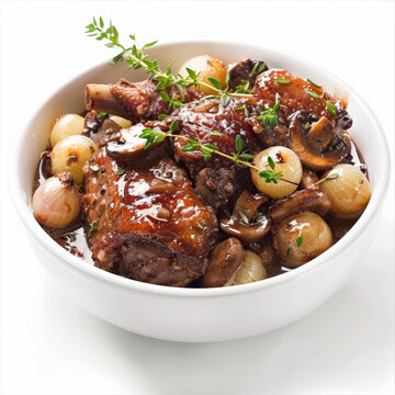 A serving of French coq au vin, chicken braised in red wine with mushrooms and pearl onions, garnished with fresh thyme, isolated on white background.