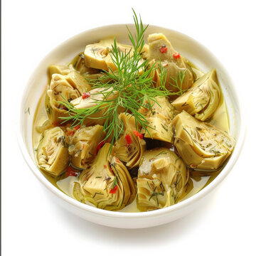 A serving of Turkish zeytinya&Auml;&Yuml;l&Auml;&plusmn; enginar, artichokes cooked in olive oil with vegetables, garnished with fresh dill, isolated on white background.