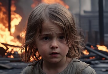 Obraz premium Child in Distress Amidst Flames