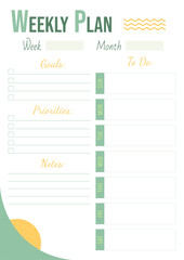 Weekly planner with place for a schedule by day of the week, goals, priorities, notes. Vertical page of personal plan for the week in A4 format