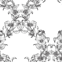Fototapeta premium Vintage seamless pattern flowers of Clematis black and white. Toile art square cell ornament. Hand drawn. Floral vector background for design textiles, paper, wallpaper, wedding decoration