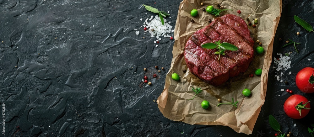 Aufkleber a beef tenderloin on parchment is showcased on a dark stone backdrop with scattered salt, pepper, an