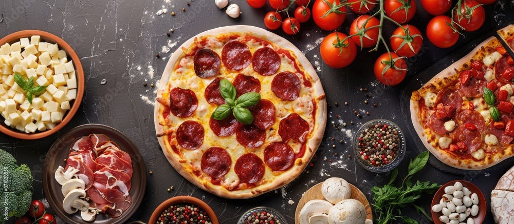 Poster italian pizza with assorted toppings like meats, veggies, and cheese for all seasons displayed on a 
