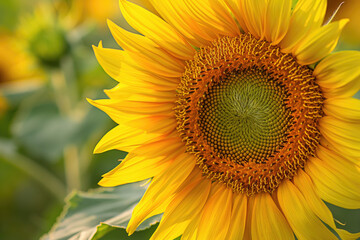 Obraz premium Closeup of vibrant yellow sunflower with detailed petals and seeds in a green field. Nature photography, botanical studies, wallpaper, floral art, gardening inspiration, agriculture