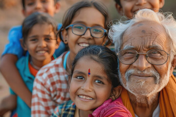 Fototapeta premium Indian family on trip, grandparents, children, and grandchildren exploring