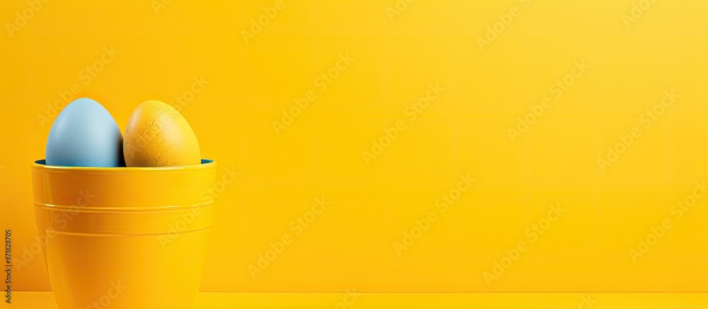 Poster easter concept shown with a yellow egg in a bucket on a colorful background, ideal for copy space im