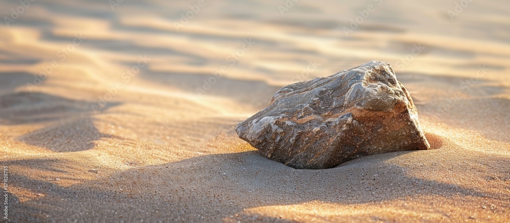Poster Triangular rock resting on sandy beach with copy space image.