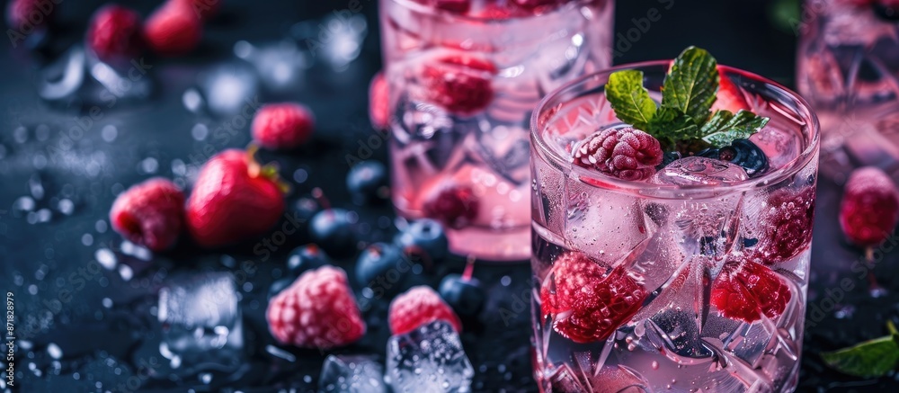 Poster close-up shot of a summer beverage with berries and ice cubes on a table, ideal for a copy space ima