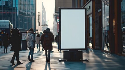 Blank white Mock up Banner Signboard stand Media outdoor with people walking City street Building