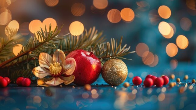 Gold flower fir branch red apples candy on blue table bokeh vignetting diagonal and vertical shots