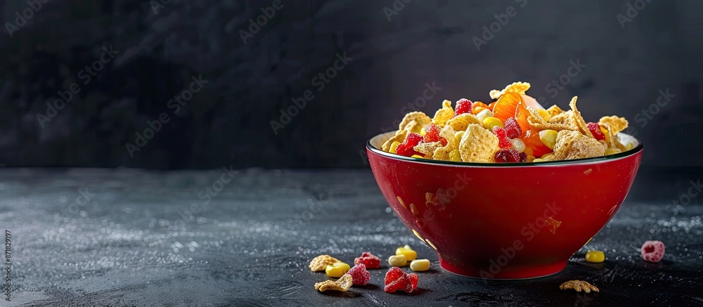 Poster red bowl holds cereal flakes with copy space image for breakfast concept. the tasty cereal features 