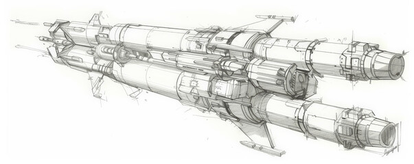 Obraz premium A technical sketch of a rocket launcher, highlighting the launch tube, targeting systems, and stabilization features. The white background emphasizes the precision and power of the weapon.