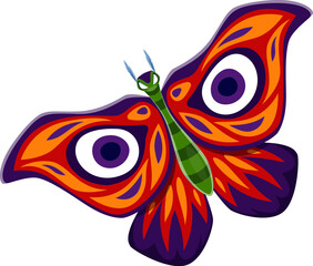 Fototapeta premium Cartoon Halloween butterfly character. isolated vector moth with eyes pattern on colorful on open wings. Magic, occult, witchcraft, esoteric symbol, mystical insect peacock-eye butterfly